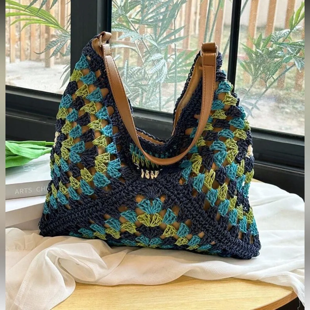 Elegant Blue and Green Crochet Hobo Bag